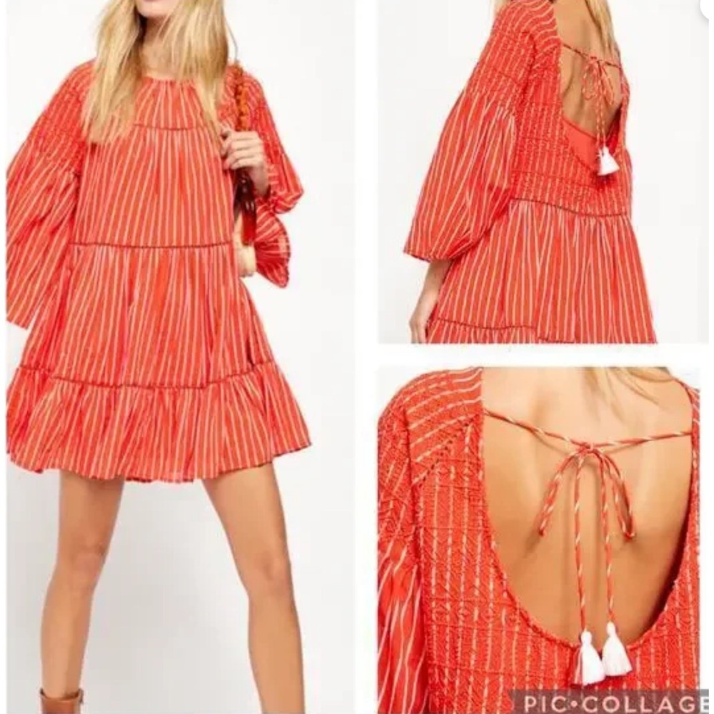 Free‎ People Lola Embroidered Tiered Mini Dress Boho Coastal Tassel Tie